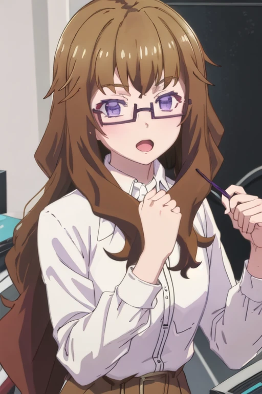 best quality, masterpiece, highres, solo, {feynman_yoshino_renaiflops:1.15}, brown_hair, long_hair, glasses, purple_eyes, semi-rimless_eyewear, under-rim_eyewear, bangs, open_mouth, 1girl, parody, looking_at_viewer