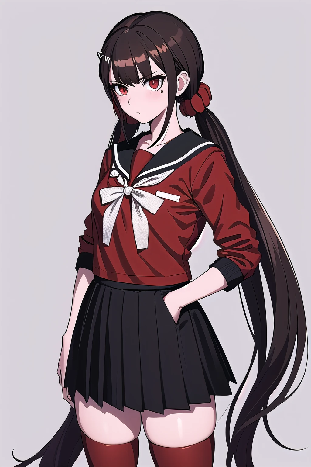 masterpiece, best quality, ultra-high-detailed, Harumaki, red eyes, brown hair, low twintails, red scrunchie, mole under eye, hairclip, white bow, red serafuku, black sailor collar,  black skirt, pleated skirt, sleeves rolled up, red thighhighs,  hands in pockets