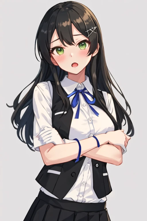 best quality, masterpiece, highres, solo, {oyashio_kantaicollection:1.15}, black_hair, long_hair, hair_ornament, hairclip, blush, vest, ribbon, black_vest, open_mouth, breasts, blue_ribbon, neck_ribbon, 1girl, looking_at_viewer, shirt, simple_background, upper_body, white_background, white_shirt, dress_shirt, green_eyes, collared_shirt, one-hour_drawing_challenge