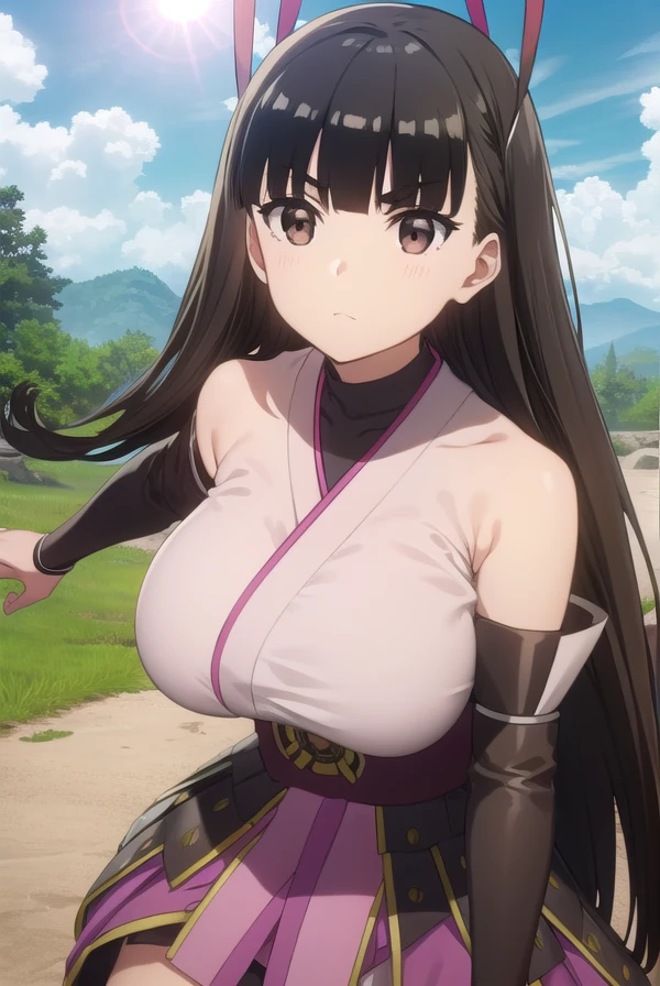 bofurikasumi, <lora:bofuri kasumi s2-lora-nochekaiser:1>,
kasumi, long hair, black hair, ribbon, hair ribbon, bangs, blunt bangs, (brown eyes:1.5),
BREAK thighhighs, detached sleeves, japanese clothes, black thighhighs, bare shoulders,
BREAK outdoors, forest, nature, sky, sun, clouds,
BREAK looking at viewer,
BREAK <lyco:GoodHands-beta2:1>, (masterpiece:1.2), best quality, high resolution, unity 8k wallpaper, (illustration:0.8), (beautiful detailed eyes:1.6), extremely detailed face, perfect lighting, extremely detailed CG, (perfect hands, perfect anatomy),
