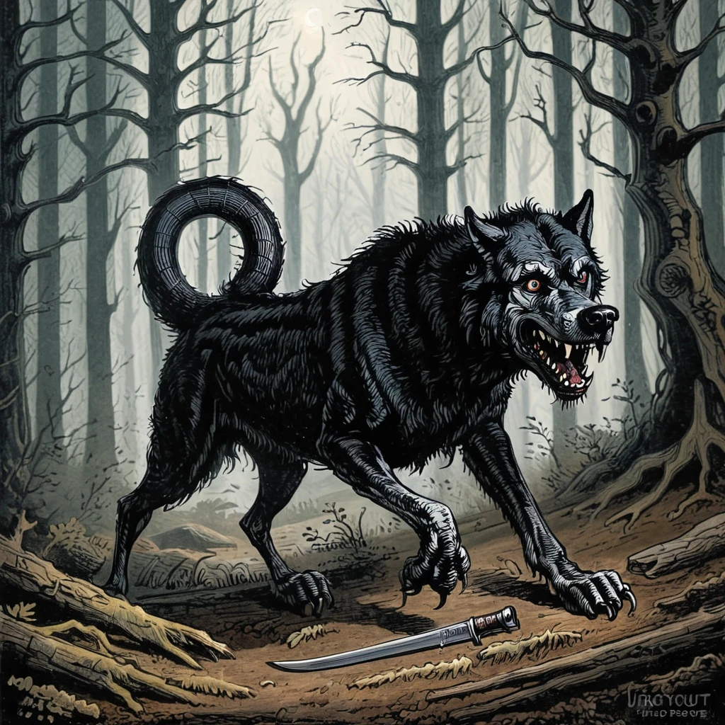 a barghest in the woods,art by llbreton, <lora:LLbretonXL-000004:1>