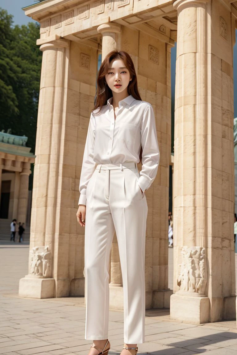 <lora:kim_hee_jeong_obj20:0.5>, full_body, standing, sandals, (shirt), pants, (brandenburg gate), (kim_hee_jeong: 1.2), perfect face, (contact iris: 1.1), pale skin, skin pores , depth of field