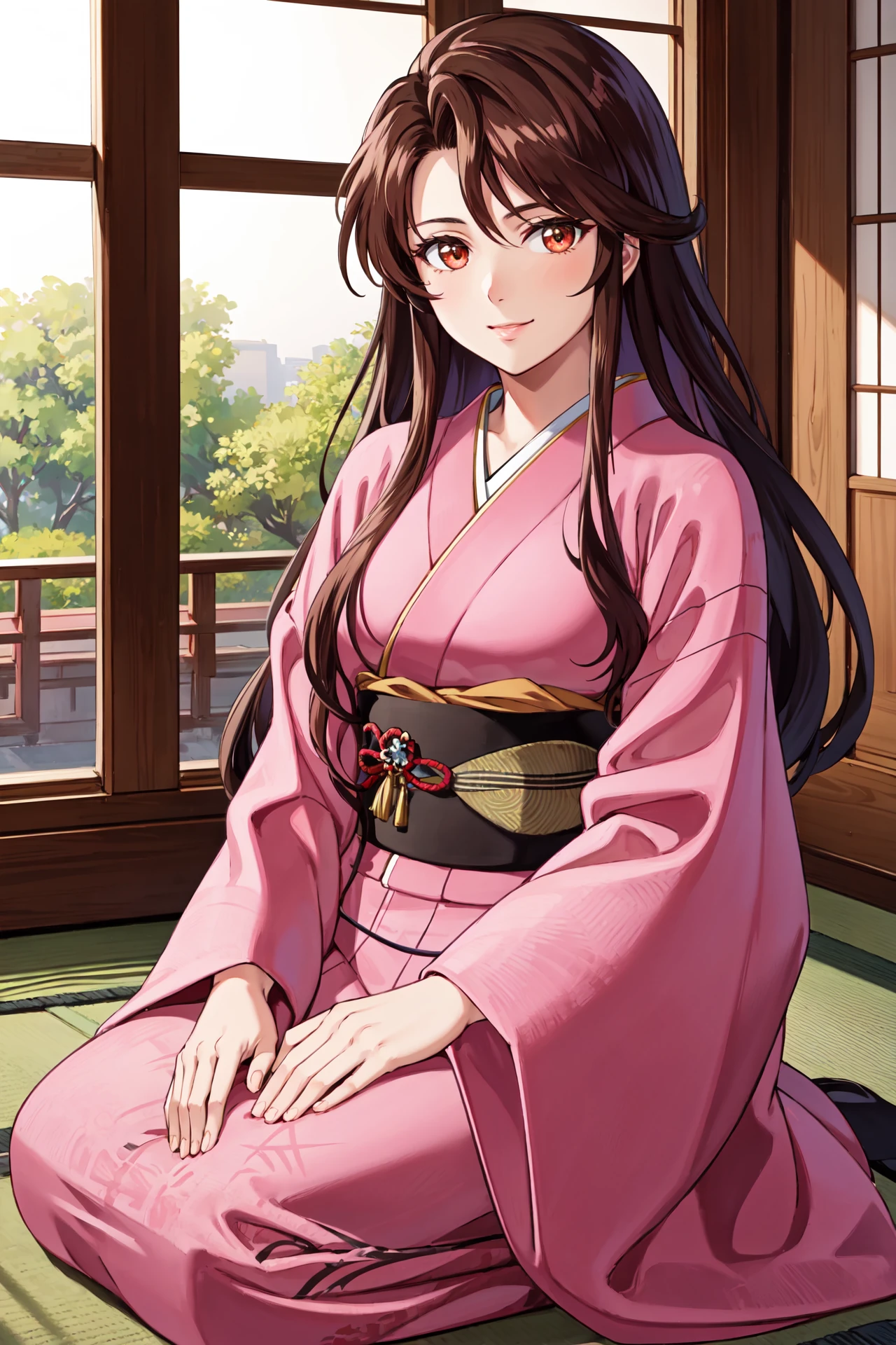 light smile,<lora:sheenaV1-000009:1>,sheena,kimono,japanese clothes,looking at viewer,seiza,indoors,(masterpiece, best quality, ultra-detailed, best shadow)