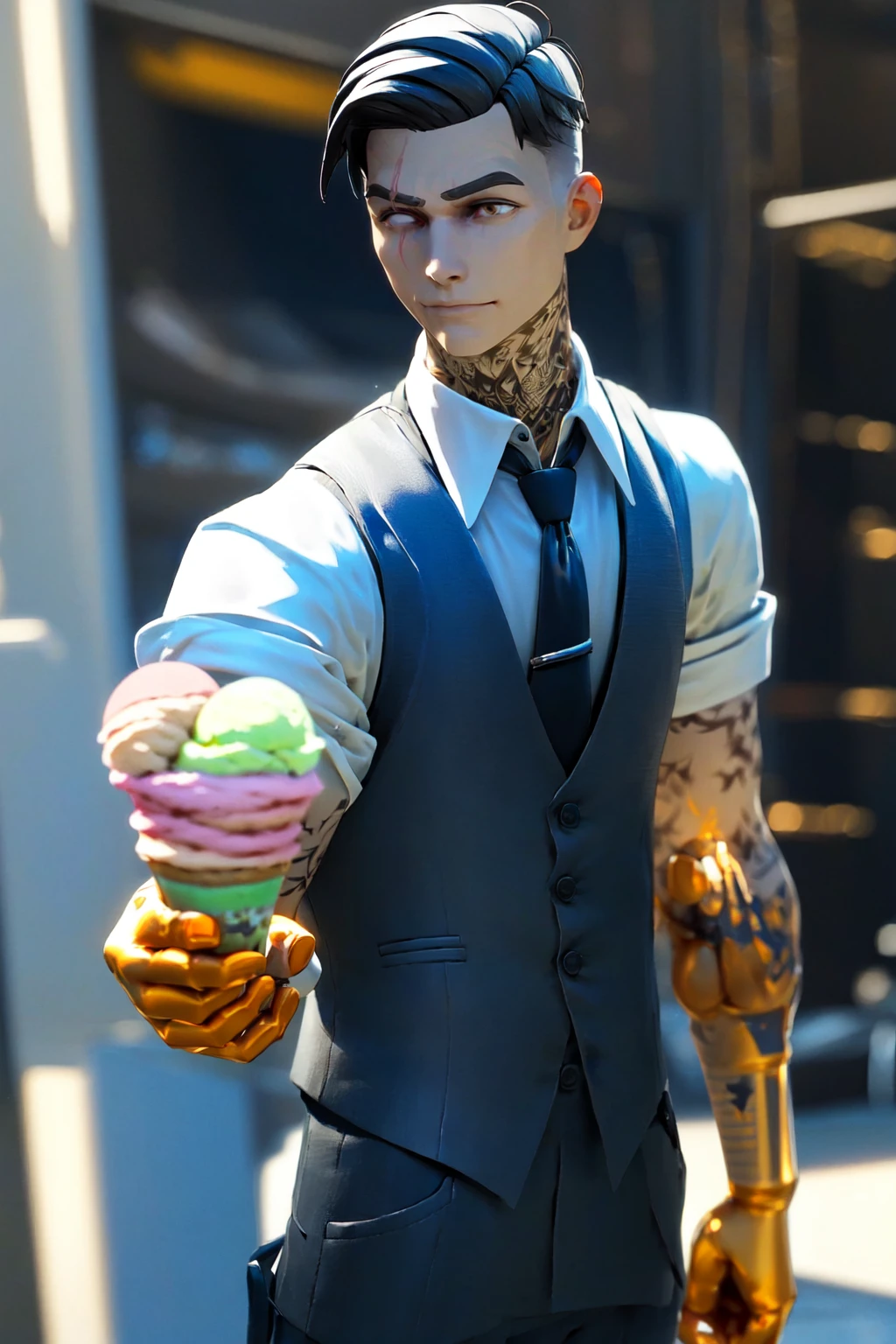 (a man looking cute standing at an ice cream vendor holding an ice cream) (upper body), high detail skin, high detail eyes, high detail hair, highres, ultra detailed:1.2, detailed pores, imperfect skin:1.2, detailed reflective shiny skin, diffused skin pores,sharpen picture, Highly detailed, masterpiece, best quality <lora:MidasLoRA:1> midas, with, tattoos, scar, and, vest, tie,