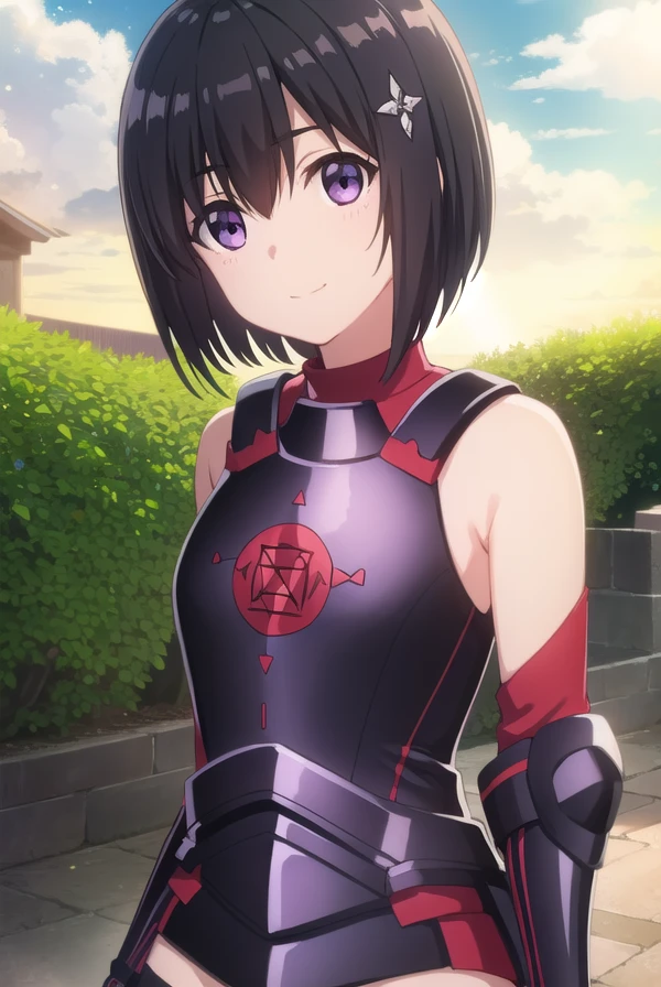bofurimaple, <lora:bofuri maple s2-lora-nochekaiser:1>,
maple, short hair, bangs, black hair, hair ornament, (purple eyes:1.1), ahoge, bob cut, smile,
BREAK thighhighs, gloves, bare shoulders, boots, black gloves, elbow gloves, armor, red thighhighs, black armor,
BREAK outdoors, forest, nature, sky, sun, clouds,
BREAK looking at viewer,
BREAK <lyco:GoodHands-beta2:1>, (masterpiece:1.2), best quality, high resolution, unity 8k wallpaper, (illustration:0.8), (beautiful detailed eyes:1.6), extremely detailed face, perfect lighting, extremely detailed CG, (perfect hands, perfect anatomy),