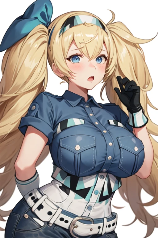 best quality, masterpiece, highres, solo, {gambier_bay_kantaicollection:1.15}, blonde_hair, long_hair, twintails, hairband, blue_eyes, breasts, large_breasts, hair_between_eyes, open_mouth, blush, 1girl, blue_shirt, breast_pocket, collared_shirt, gloves, looking_at_viewer, multicolored_clothes, pocket, shirt, short_sleeves, white_gloves, simple_background, belt, multicolored_gloves, upper_body, white_background