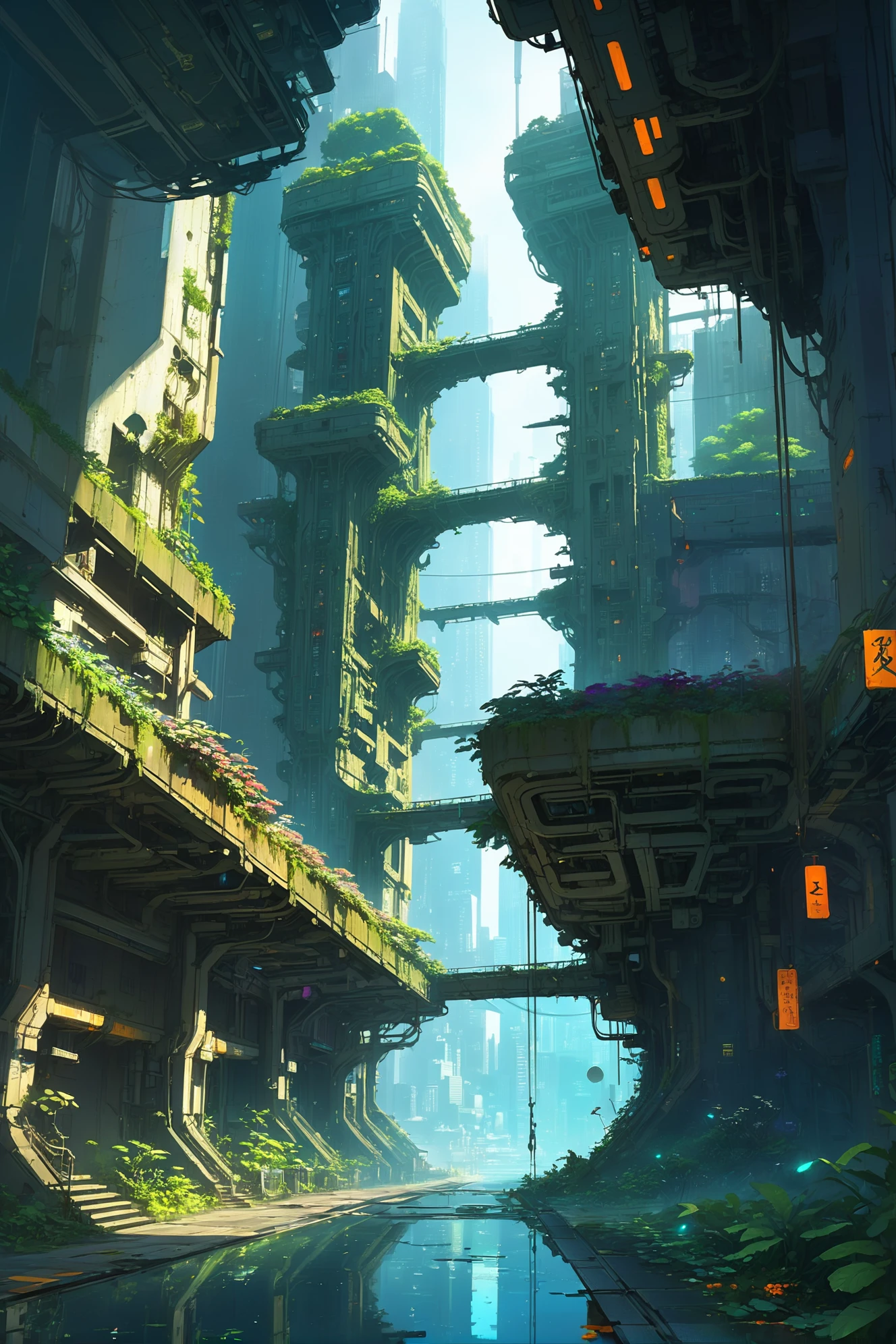 anime style digital painting, cyberpunk, fantasy, hanging garden in a wonderous,ruined scifi megacity at the beginning of reality, masterpiece, by Ian McQue<lora:EnvyBetterHiresFixXL01:0:hr=1>