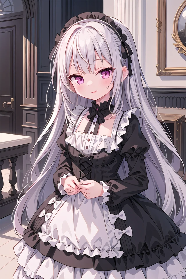 ((masterpiece:1.4, best quality)), ((masterpiece, best quality)),
one girl, cute girl, silver hair, long hair, pink eyes, smile, black gothic dress, white frill, hair dress,
indoors, castle, gothic, cute pose