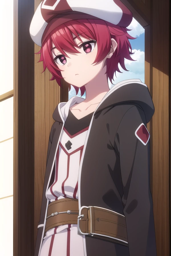 bofurikanade, <lora:bofuri kanade s2-lora-nochekaiser:1>,
kanade, short hair, (red eyes:1.3), red hair,
BREAK gloves, hat, collarbone, black gloves, belt, pants, coat, beret,
BREAK outdoors, forest, nature, sky, sun, clouds,
BREAK looking at viewer,
BREAK <lyco:GoodHands-beta2:1>, (masterpiece:1.2), best quality, high resolution, unity 8k wallpaper, (illustration:0.8), (beautiful detailed eyes:1.6), extremely detailed face, perfect lighting, extremely detailed CG, (perfect hands, perfect anatomy),