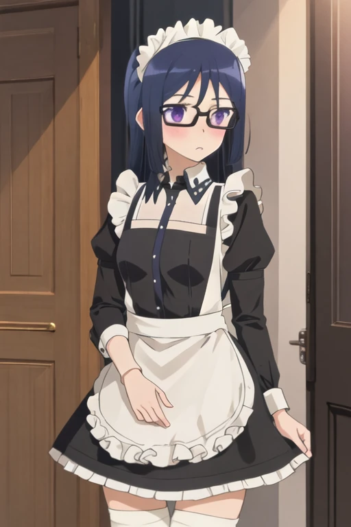 best quality, masterpiece, highres, solo, {maid:1.40}, {long maid dress:1.15}, {momoshina_fumika_alicegearaegisexpansion:1.15}, glasses, long_hair, purple_eyes, blue_hair, blush, black_hair