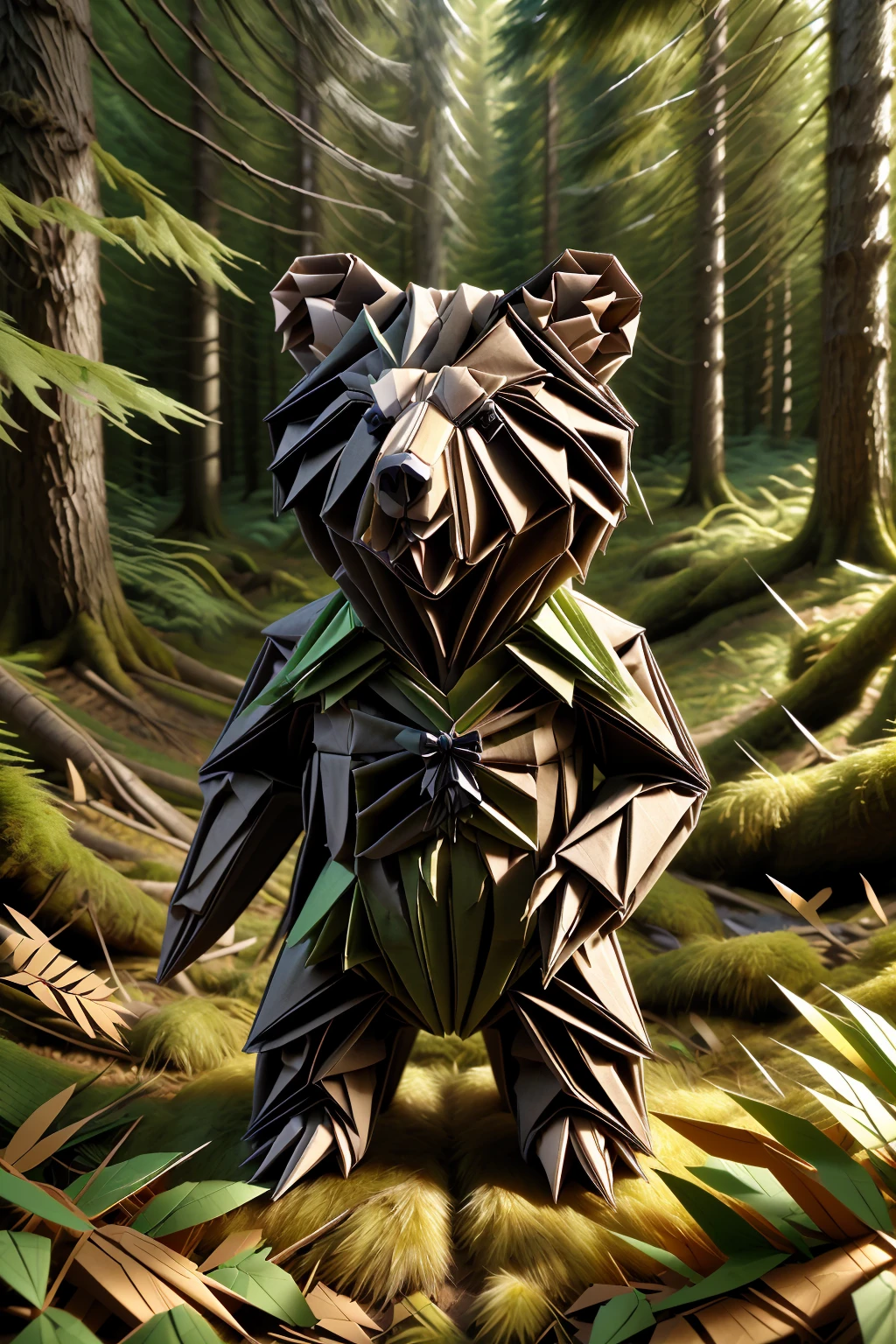 ral-orgmi, a bear made out of origami paper in a forest <lora:ral-origami-sd15:1>