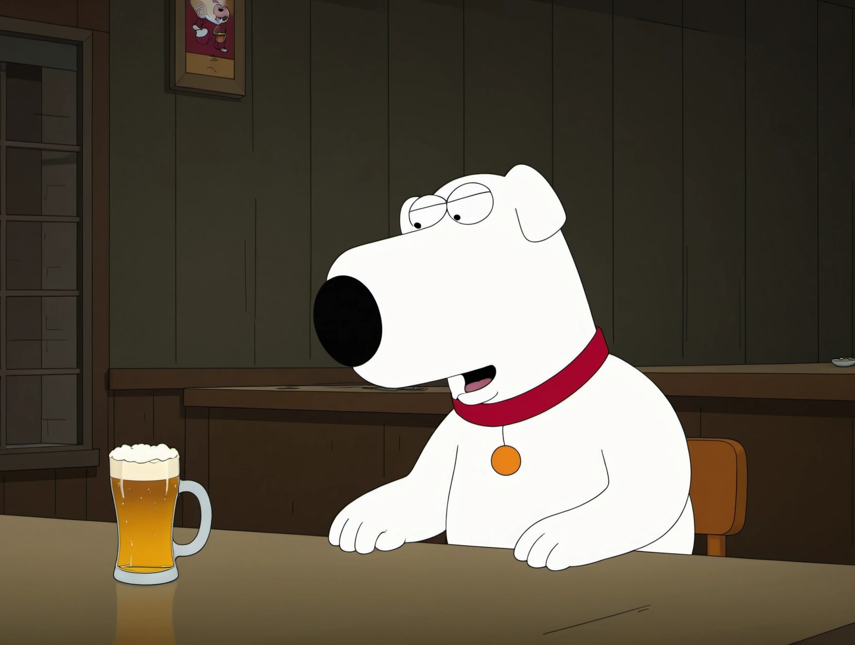 (masterpiece,best quality, high quality:1.2),2d,flat color,
brian griffin,solo,bar,drinking beer,sitting,dim lighting,happy,
<lora:brian_griffin:0.8>