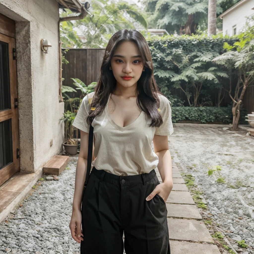 <lora:ashel_v1-10:1> asheljkt48, 1girl, solo, looking at viewer, realistic, pants, fully clothed, outdoors, cleavage, eyes, black eyes