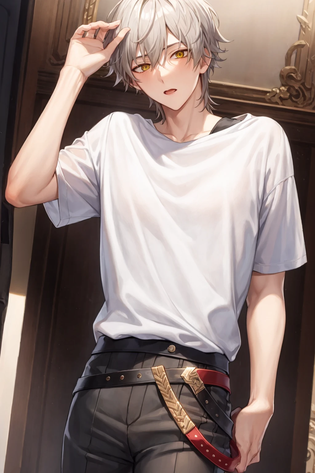 masterpiece, best quality, <lora:trailblazer:1>,
, 1boy,male focus,short hair,white hair,yellow eyes,white shirt,short sleeves,pants,belt,