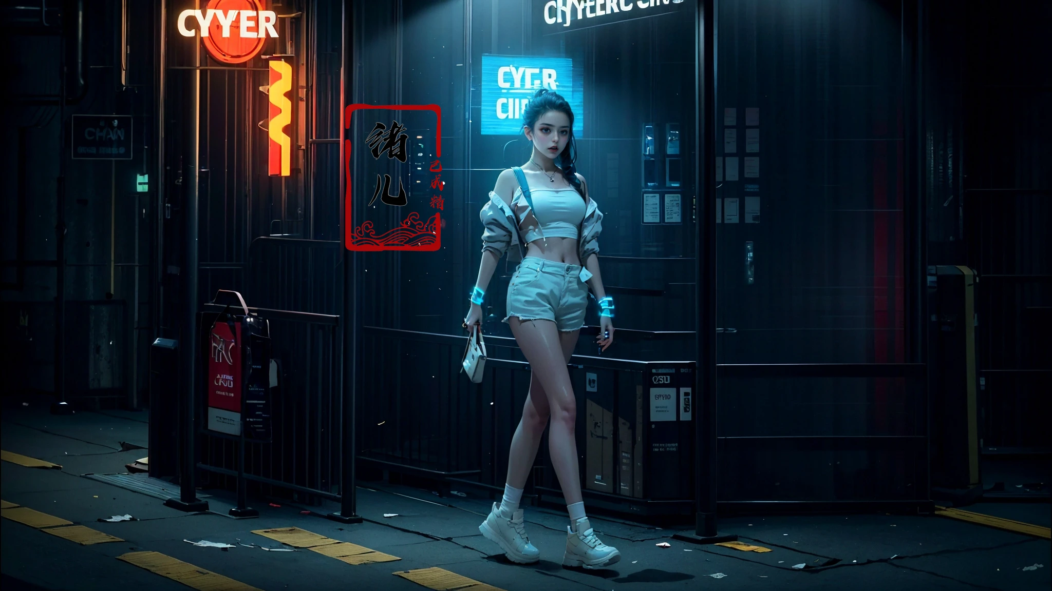 (dramatic, gritty, intense:1.4),masterpiece, best quality, 32k uhd,  hyper quality, Masterpiece,  (science cyber:1.4)
1girl, solo, bag, neon lights, english text, holding, white footwear, looking at viewer, from side, shorts, walking, short hair, black hair, standing, blue hair
(glow, light pollution:1.3)
<lora:~Q?-[SZW^W:fo science cyber:0.8>