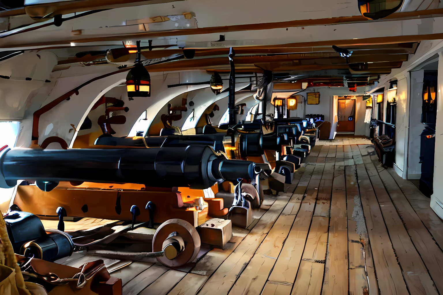 gun deck, cannons, mess tables,