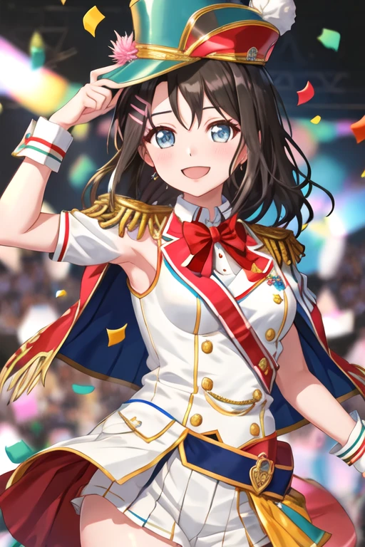 best quality, masterpiece, highres, solo, {okusawa_misaki_bangdream:1.15}, bangs, black_hair, hair_ornament, blue_eyes, hairclip, blush, smile, medium_hair, open_mouth, long_hair, 1girl, band_uniform, epaulettes, hat, looking_at_viewer, shako_cap, :d, confetti, sleeveless, upper_body, wrist_cuffs