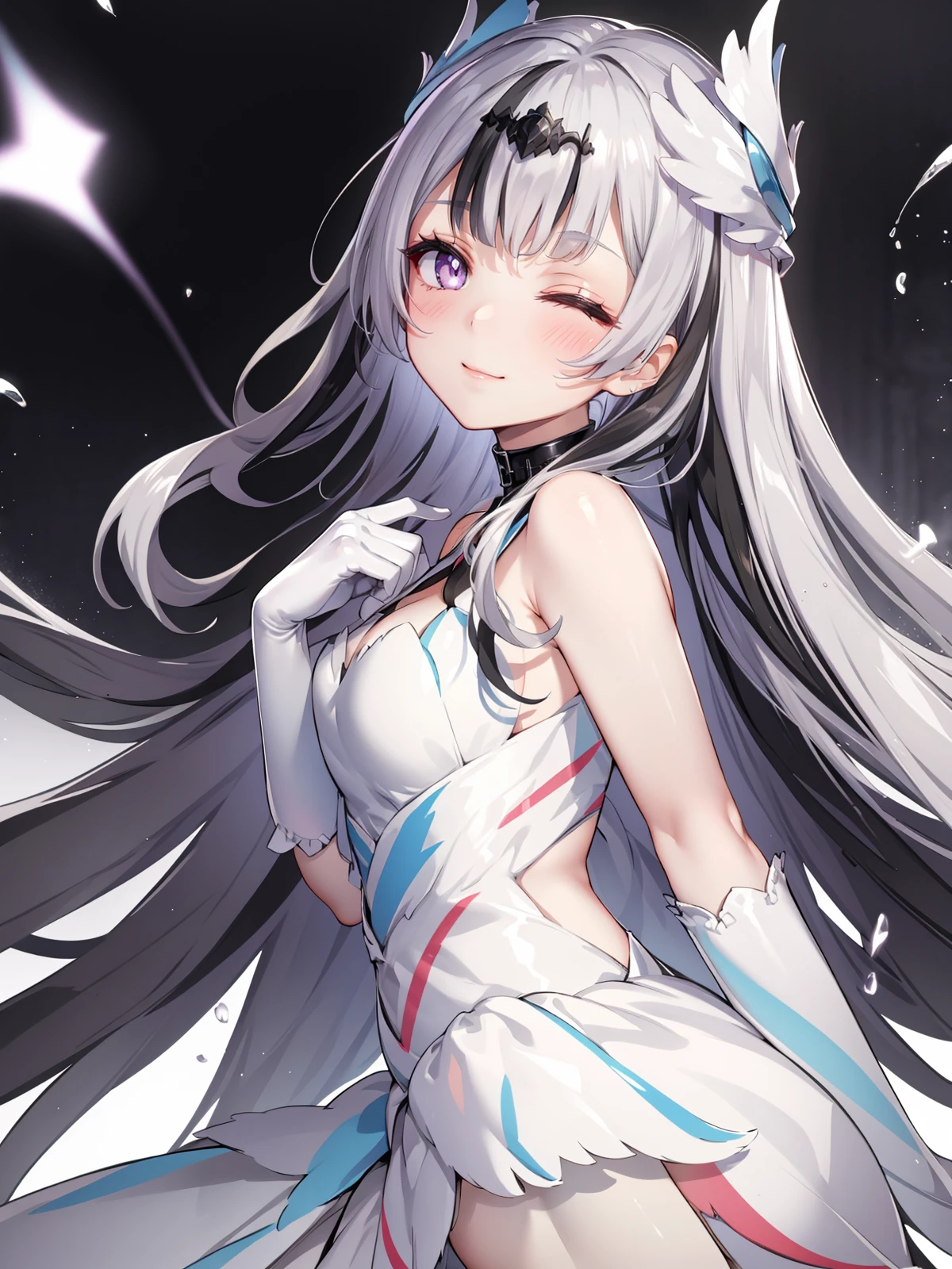 (extremely detailed CG, best quality:1.1), 1girl, perfect face, bright pupils, (finely detailed beautiful eyes:1.1), half-closed eyes, shiny skin, lustrous skin, wide hips, narrow waist, very long hair, (multicolored hair, black hair, white hair:1.2), head wings, purple eyes, dress, sleeveless dress, white gloves, elbow gloves, light smile, blush, hands on chest, from side,  floating hair,  <lora:Veyle:0.6>