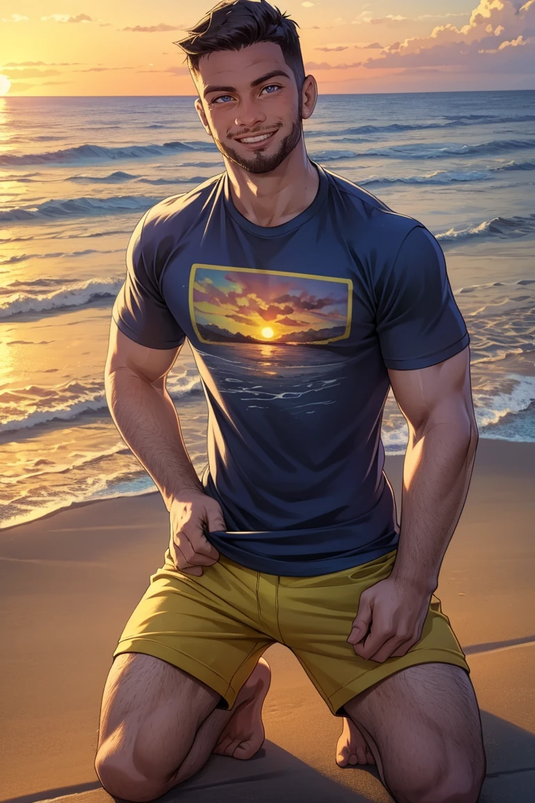 (masterpiece,  best quality:1.2),  smirk,  (depth of field:1.1),  photo of person,  start print t-shirt,  shorts,  beach,  kneeling,  portrait,  masterpiece,  highness,  perfect face,  perfect picture,  detailed eyes,  sharp focus,  sunset,<lora:EMS-230265-EMS:1.000000>