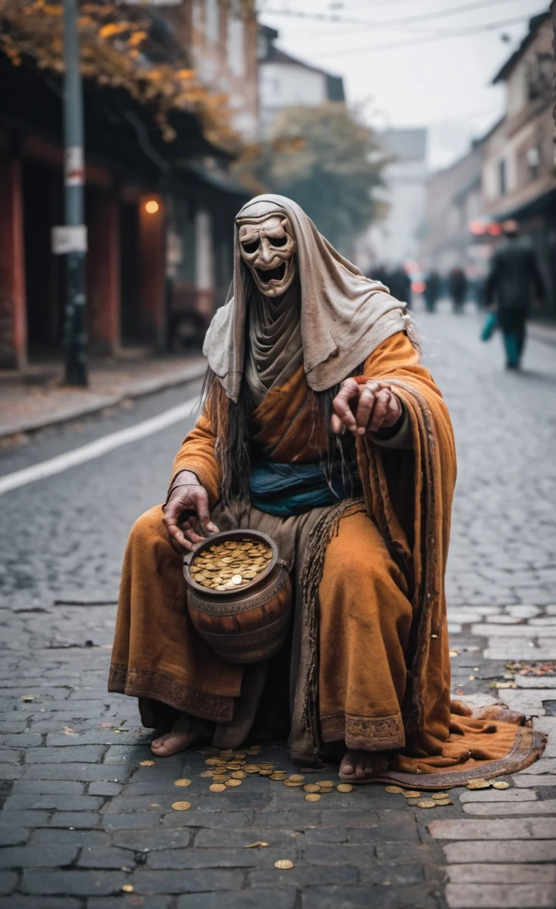 <lora:monk-000004:0.8>,crptedmonk,man begging for a coins on a street