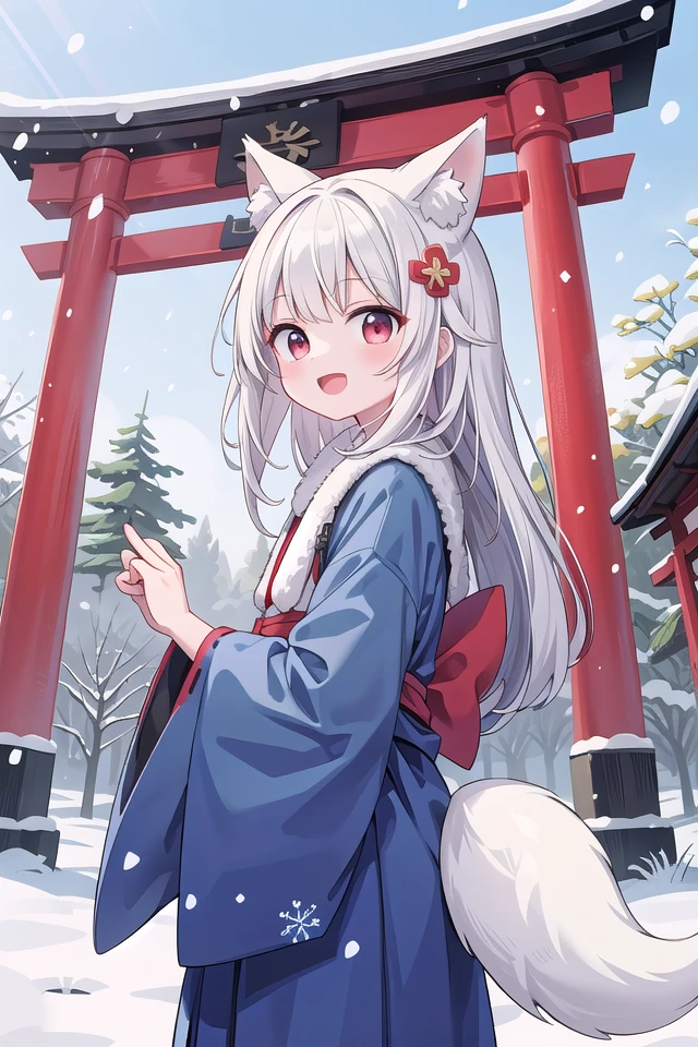 insanely detailed, absurdres, ultra-highres, ultra-detailed, best quality,
1girl, solo, nice hands, perfect hands,
BREAK
miko, hanfu, winter hanfu, cloak, (bare shoulder:-1.5), (cleavage:-1.5)
BREAK
happy smile, laugh, open mouth, standing,
from side,
cute pose, cowboy shot,
BREAK
slender, kawaii, perfect symmetrical face, ultra cute girl, ultra cute face, ultra detailed eyes, ultra detailed hair, ultra cute, ultra beautiful,
BREAK
japan, shrine, snowing, snowflake, snow, torii gate, stone steps, shrine architecture
BREAK
(white blue hair:1.2), very long hair, red eyes, two-tone hair, hair ornament, fox ears, fox tail, multiple tails,