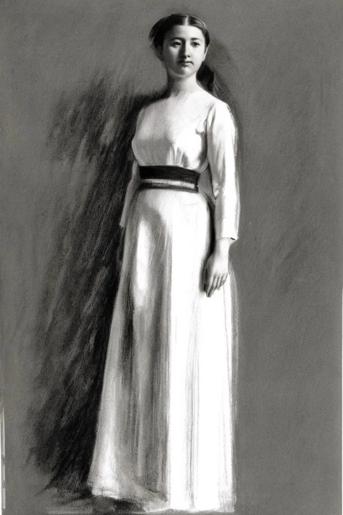 simple background, a sketch of a standing woman, solo, dress, monochrome, full body