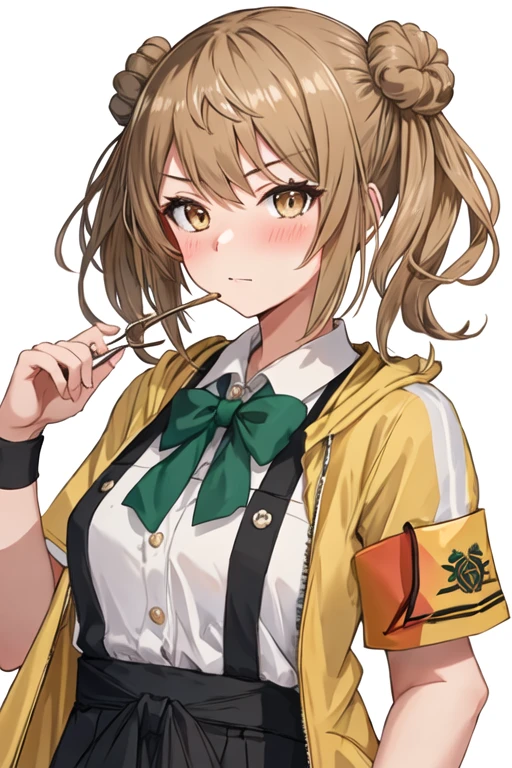 best quality, masterpiece, highres, solo, {michishio_kantaicollection:1.15}, twintails, double_bun, hair_bun, short_twintails, light_brown_hair, brown_eyes, blush, bow, yellow_eyes, 1girl, bandana, jacket, looking_at_viewer, red_jacket, simple_background, track_jacket, white_background, upper_body, apron, armband, black_apron, short_hair