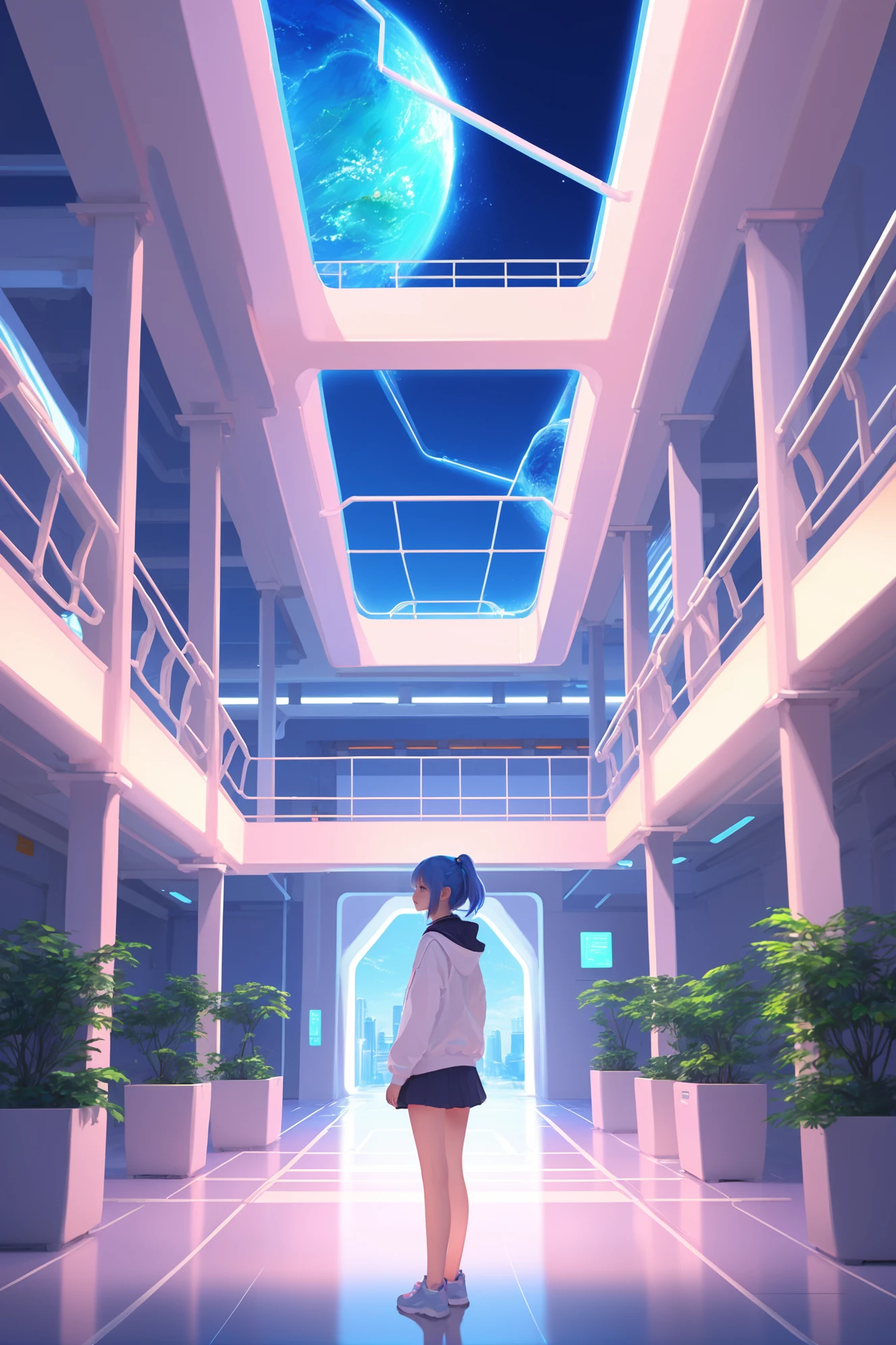 anime style digital painting, scifi, <lora:EnvySendNoodzXL01:-1>1girl, woman, beautiful, brightly lit interior, in a Trillwave courtyard<lora:EnvyBetterHiresFixXL01:0:hr=1>