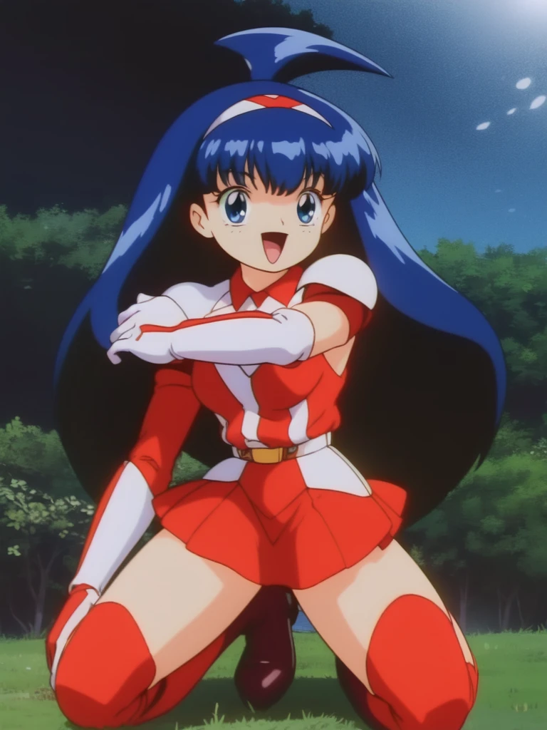 <lora:TsuruginoHikari:1> TsuruginoHikari, 1girl, solo, long hair, knee boots, blue hair, boots, blue eyes, gloves, full body, open mouth,armor, hairband, skirt, red skirt, smile,
masterpiece, high quality, very_high_resolution, large_filesize, full color, 1990s \(style\), anime, anime_screencap, animated gif, mp4 ,video, animated,