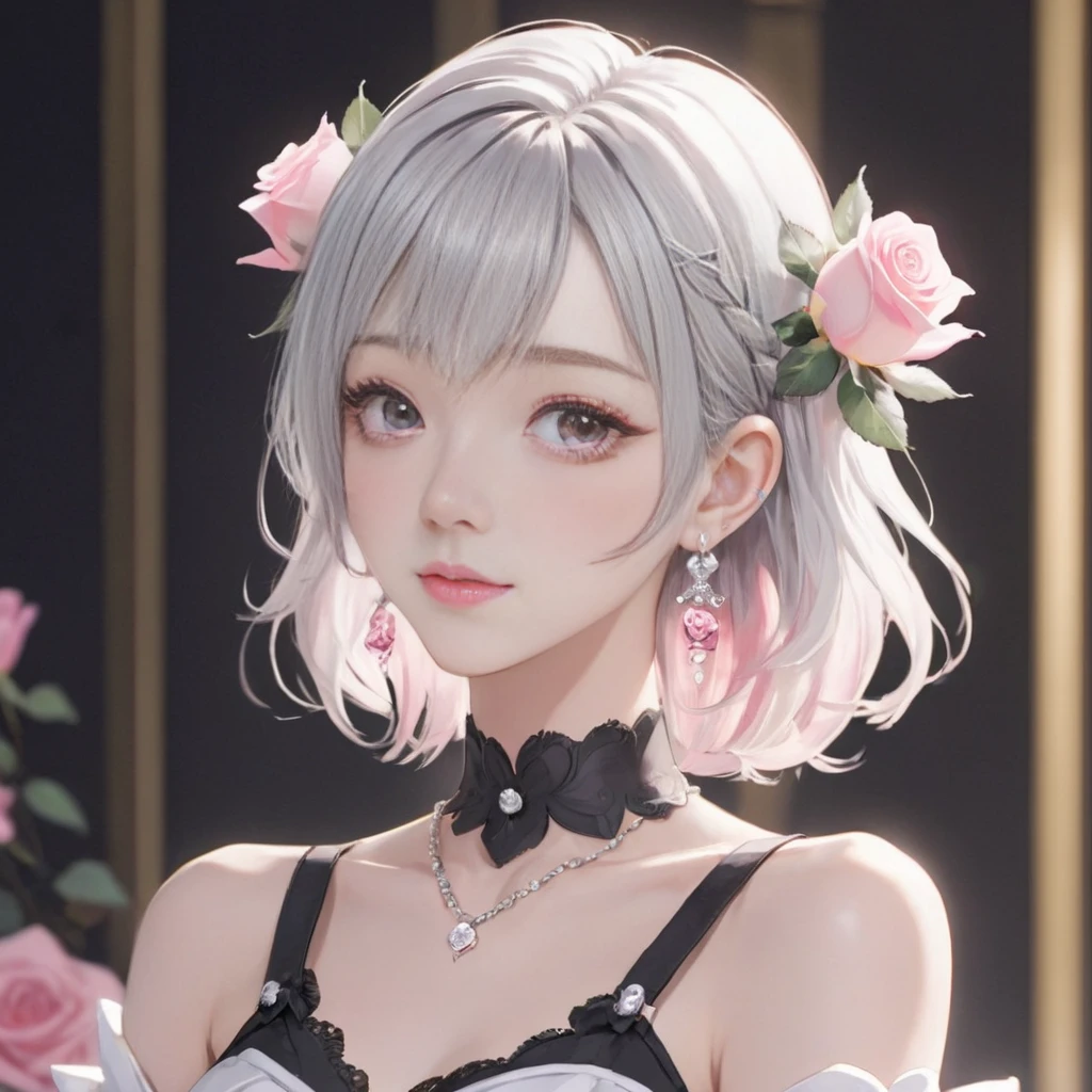 anime gorgeous girl, no bangs or bangs of hair, agg, 1 girl, gray white hair, earrings, pink rose hair accessories, looking at the audience, head portrait, aurelia, Joi,<lora:AGG Joi:0.3>