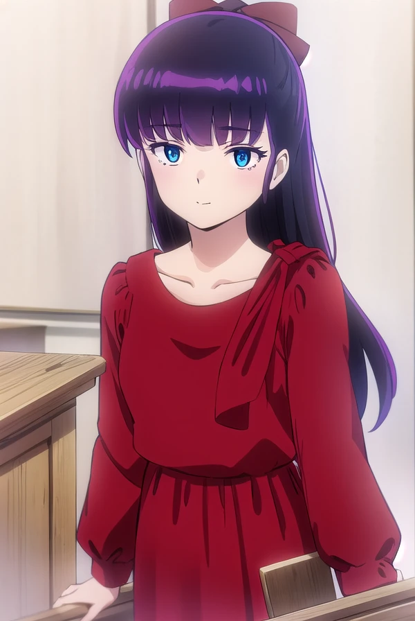 ryoukomendou, <lora:ryouko mendou s1-lora-nochekaiser:1>,
ryouko mendou, long hair, blue eyes, purple hair, bow, hair bow, mole, mole under eye, smile,
BREAK dress, red dress, collarbone, long sleeves,
BREAK indoors, classroom,
BREAK looking at viewer, (cowboy shot:1.5),
BREAK <lyco:GoodHands-beta2:1>, (masterpiece:1.2), best quality, high resolution, unity 8k wallpaper, (illustration:0.8), (beautiful detailed eyes:1.6), extremely detailed face, perfect lighting, extremely detailed CG, (perfect hands, perfect anatomy),