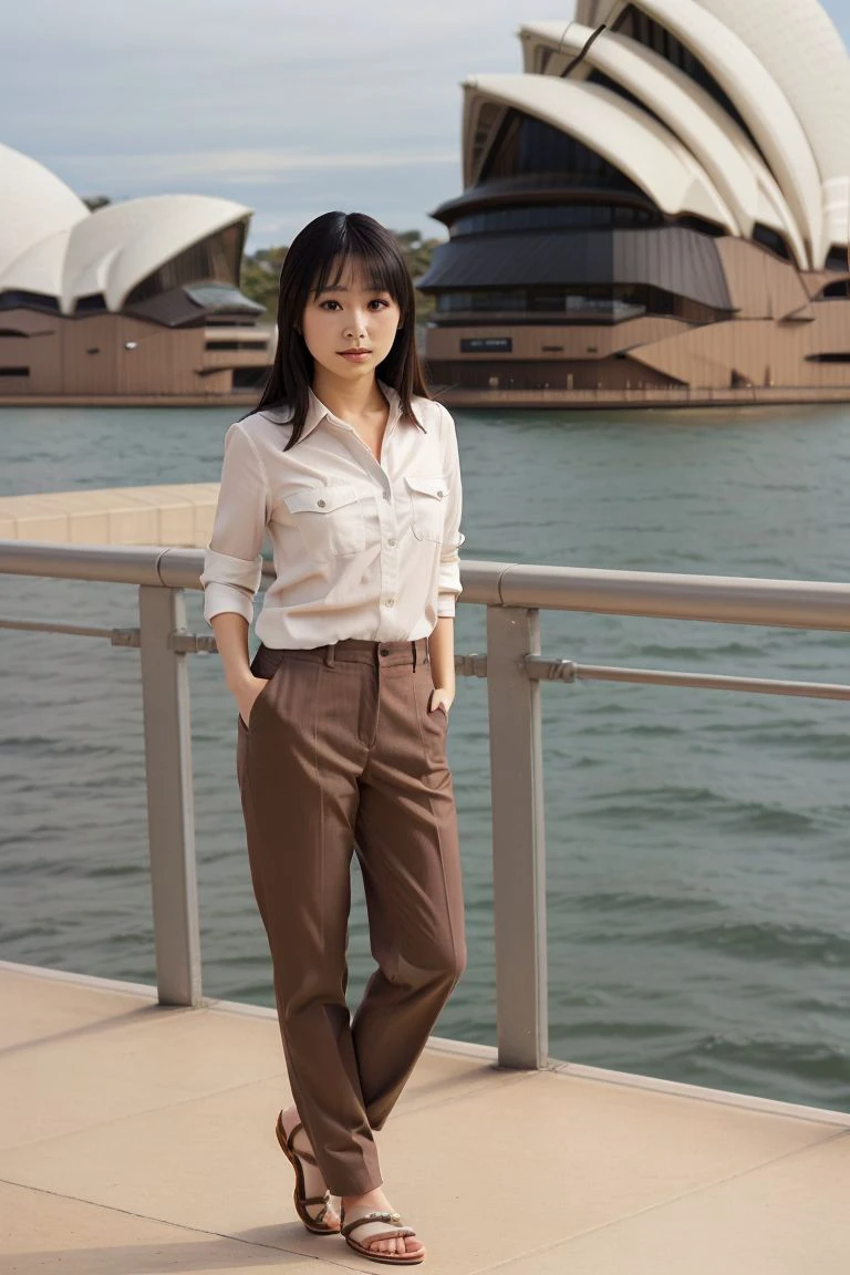 <lora:sora_izumi_obj20:0.7>, full_body, standing, sandals, (shirt), pants, (sydney opera house), (sora_izumi: 1.2), perfect face, (contact iris: 1.1), pale skin, skin pores , depth of field