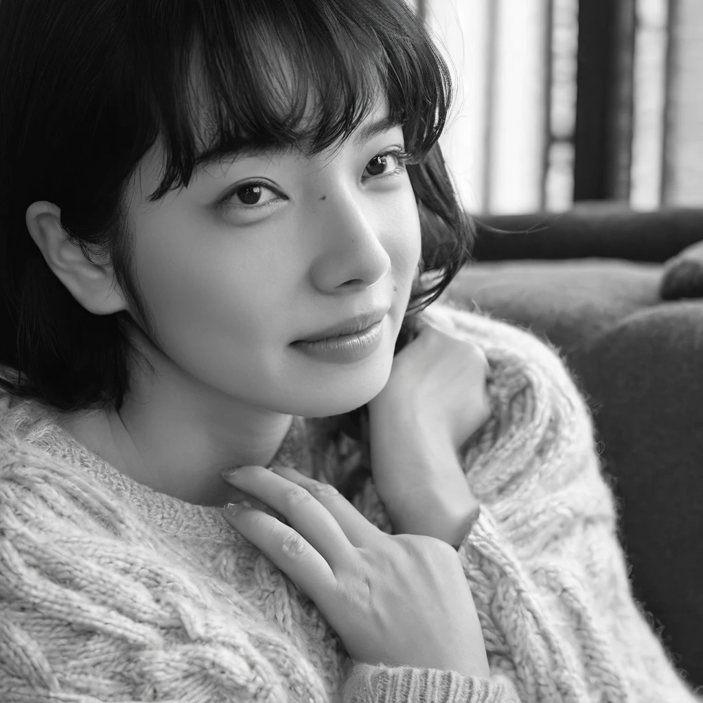 A professional photogragh of a woman waering a sweater in a warm bedroom looking satisfied, black and white, closeup, komatsu nana <lora:komatsu_nana_xl-000070:1>