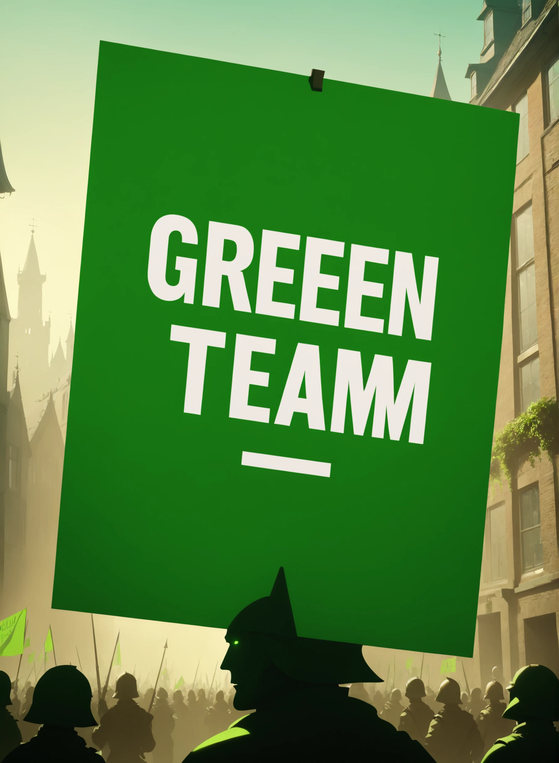 (masterpiece, best quality, ultra-detailed, best shadow), (detailed background, corporate fantasy), (beautiful detailed face), high contrast, (best illumination, an extremely delicate and beautiful), ((cinematic light)), CEO of CivitAi, outdoors, protesting inequality, dutch angle, animated, flat color, ultra sharp, holding a sign that says "GREEN TEAM"