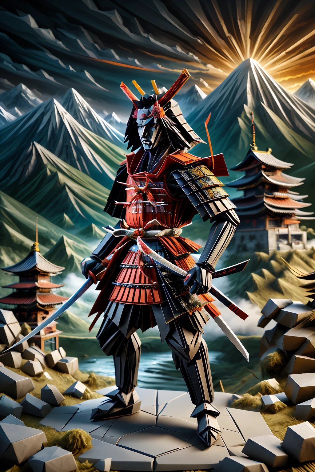 ral-orgmi, a origami paper samurai standing in front of a mountain <lora:ral-origami-sd15:1>