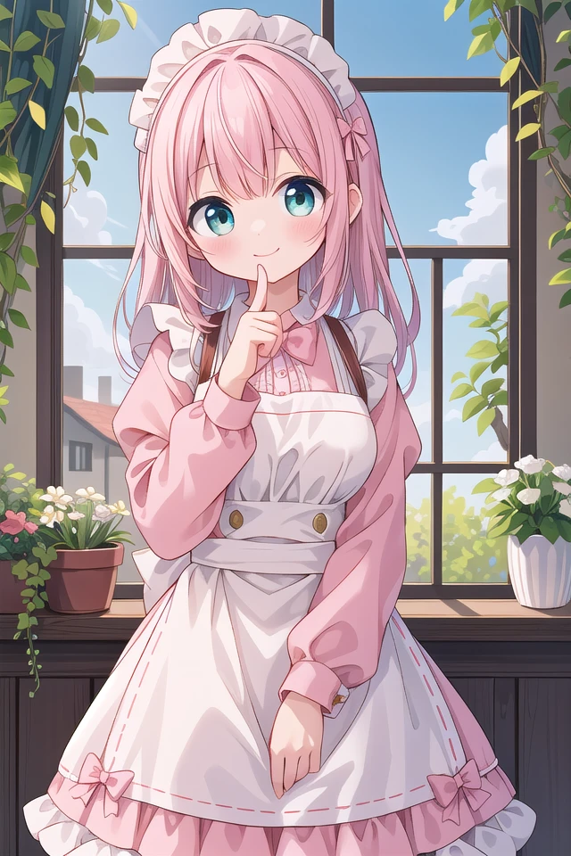 insanely detailed, absurdres, ultra-highres, ultra-detailed, best quality,
1girl, solo, nice hands, perfect hands,
BREAK
apron, blush, bow, bowtie, frilled apron, frills, long sleeves, maid, maid apron, maid headdress, waist apron, white apron
BREAK
smile, closed mouth
BREAK
finger to mouth, index finger raised, shushing, cowboy shot, looking at viewer,
BREAK
slender, kawaii, perfect symmetrical face, ultra cute girl, ultra cute face, ultra detailed eyes, ultra detailed hair, ultra cute, ultra beautiful,
BREAK
day, flower, ivy, leaf, indoors, open door, plant, potted plant, vines, window,
BREAK
white (pink:1.2) hair, green eyes, long hair, medium breasts, bangs, eyebrows visible through hair,