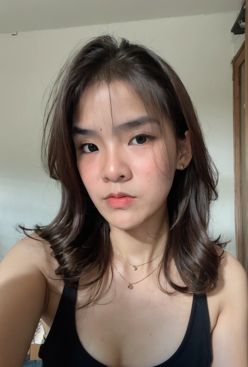 selfie photo, looking at viewer, detailed face, face focus, cleavage, small breasts, small rosario necklace, looking at viewer, face focus, brown hair, medium hair, ,((masterpiece, cg ultra detailed, high definition)),profile picture of 1 girls, small breasts, upper body, wearing thin tanktop, in a dorm room, sensual aura, <lora:GoodHands-beta2:0.7> (covered nipples:0.4)