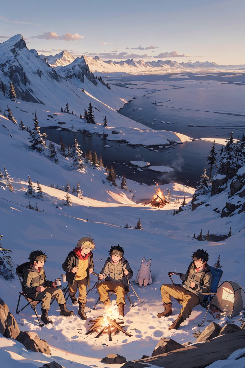 wide Shot,(best hands),best quality,(masterpiece:1.1576), (ultra detailed 8k art:1.05),(2 male, blond hair male and black hair male:1.5),From above,(drink metal mug, beer,sitting in camping chair), (focus face:0.8),angelic smile,steam,outdoor,looking the viewer,Climbing clothes, long sleeves ,(Mountain hut,friend:1.2),  Climbing long pants BREAK
 climbing boots,many climbers ,close-up face,spring, Campfire, top of the mountain,(Arctic Fox walking in the distance),cold,Sense of accomplishment, exhilaration,adventure,magnificent