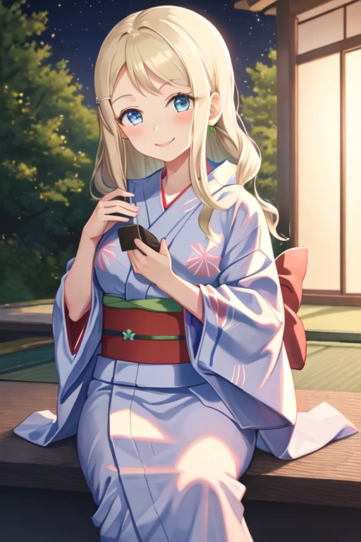 best quality, masterpiece, highres, solo, {yukata:1.40}, {kimono:1.20}, {ayase_arisa_lovelive:1.15}, blonde_hair, blue_eyes, long_hair, hair_ornament, blush, hairclip, smile