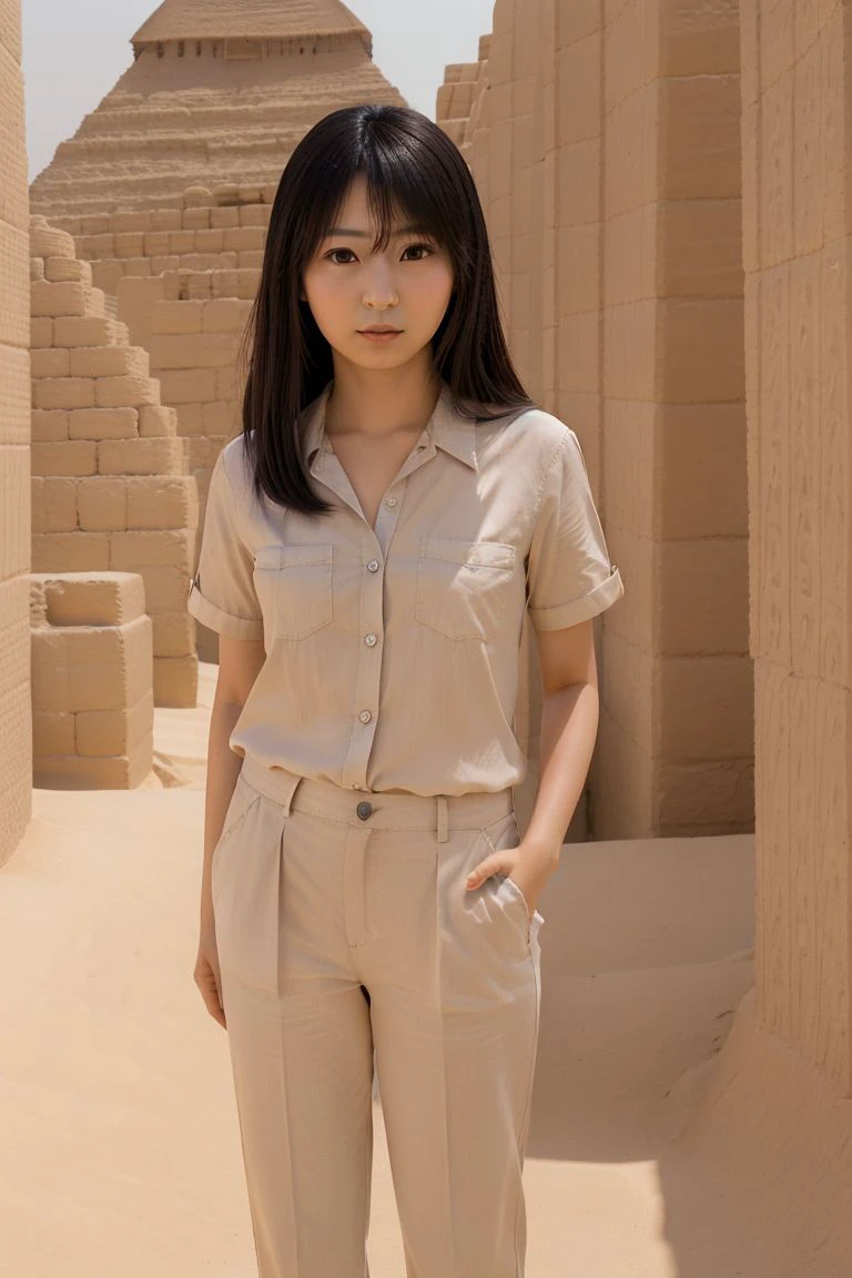 <lora:sora_izumi_obj20:0.7>, full_body, standing, sandals, (shirt), pants, (egyptian pyramids), (sora_izumi: 1.2), perfect face, (contact iris: 1.1), pale skin, skin pores , depth of field