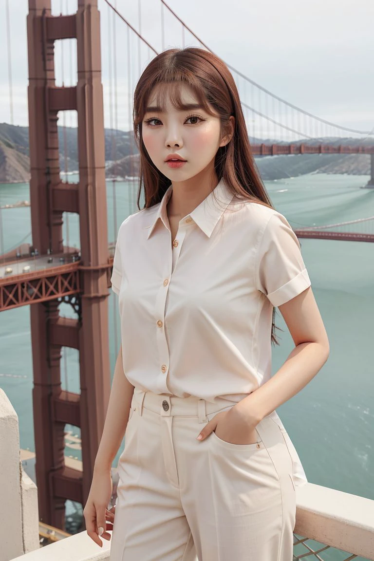 <lora:chayoo_jin_obj20:0.5 >, full_body, standing, sandals, (shirt), pants, (golden gate bridge), (chayoo_jin: 1.2), perfect face, (contact iris: 1.1), pale skin, skin pores , depth of field