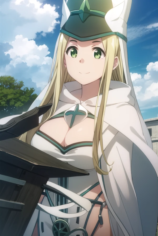 bofurimisery, <lora:bofuri misery s2-lora-nochekaiser:1>,
misery, long hair, blonde hair, (green eyes:1.5), smile,
BREAK hat, cleavage, cape, white cape, dress, white dress, long sleeves,
BREAK outdoors, forest, nature, sky, sun, clouds,
BREAK looking at viewer,
BREAK <lyco:GoodHands-beta2:1>, (masterpiece:1.2), best quality, high resolution, unity 8k wallpaper, (illustration:0.8), (beautiful detailed eyes:1.6), extremely detailed face, perfect lighting, extremely detailed CG, (perfect hands, perfect anatomy),