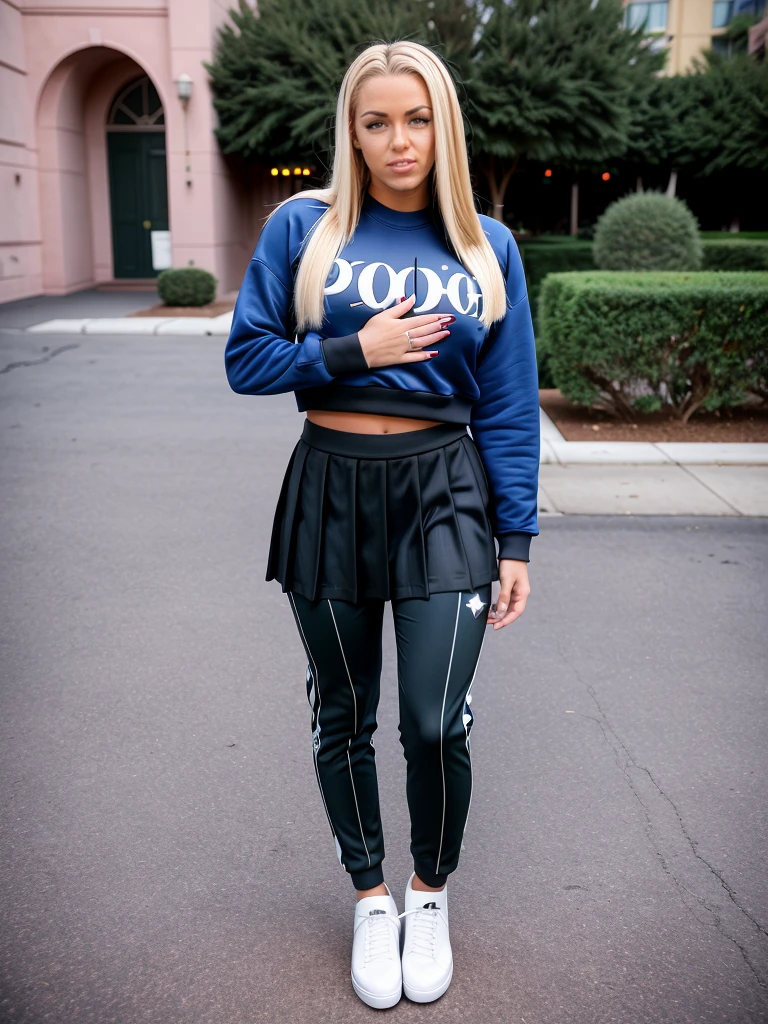 cinematic photo <lora:quiron_ChristenCourtney_v1_Lora:0.77> ChristenCourtneyQuiron woman wearing Pleated midi skirt, graphic sweatshirt, ankle boots and Side-stripe pants: Pants with a decorative stripe along the sides., claw pose, . 35mm photograph, film, bokeh, professional, 4k, highly detailed