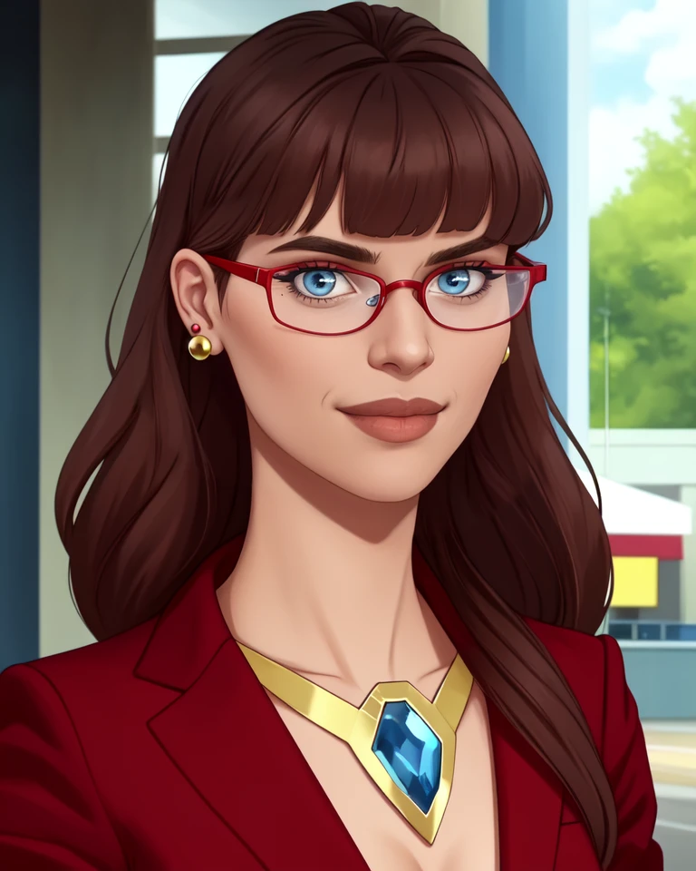 holly,long hair,blue eyes,lips,brown hair,
earrings,bangs,red glasses,red suit,necklace,
standing,upper body,mall,smile,
(insanely detailed, beautiful detailed face, masterpiece, best quality),solo,<lora:warwoman:0.8>,