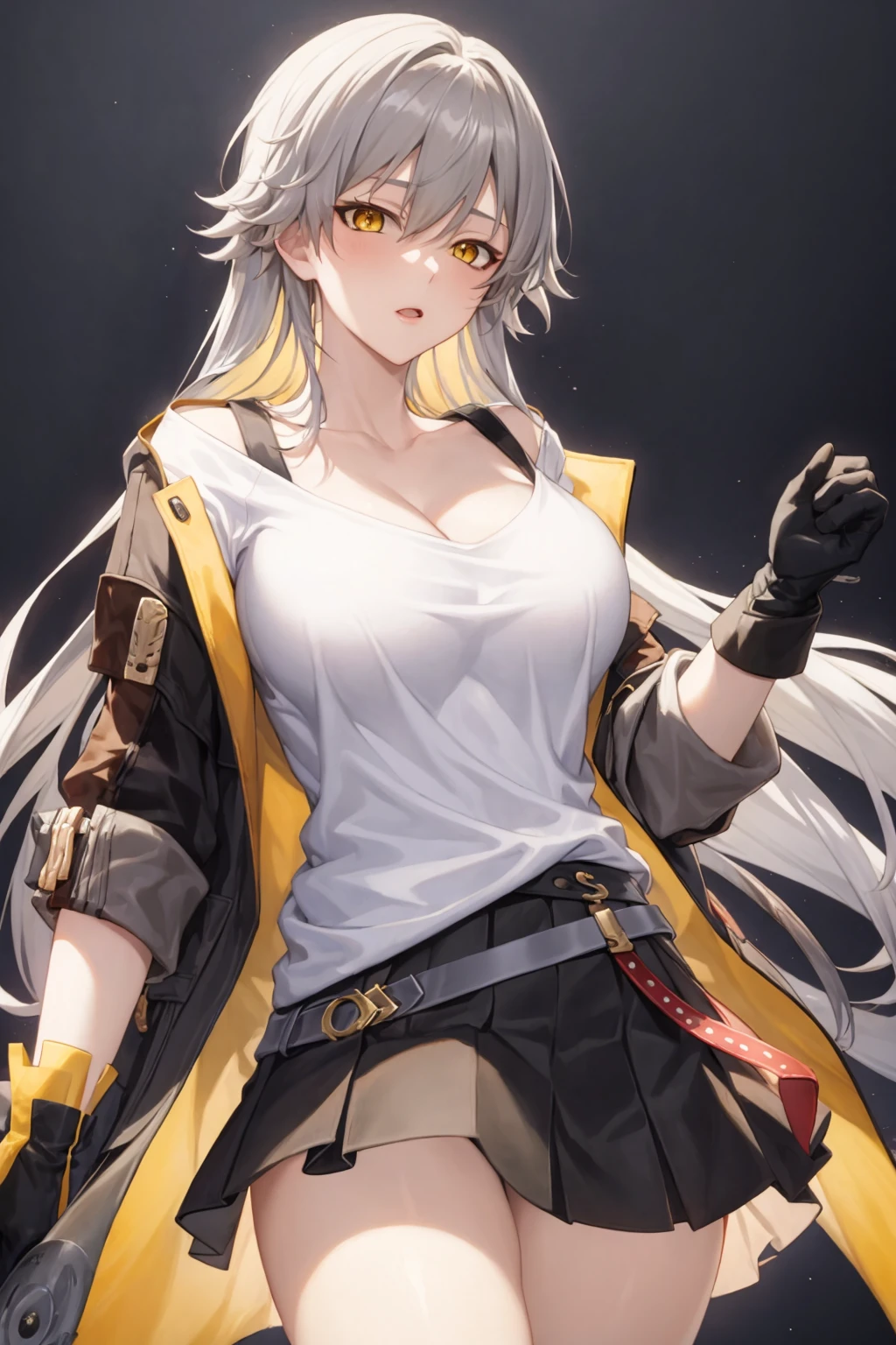 masterpiece, best quality, <lora:trailblazer:1>,large breasts,
, 1girl, gloves, long hair,very long hair,white hair,bangs,yellow eyes,white shirt,jacket,belt,open jacket,jewelry, coat,black skirt,short skirt
grey background, cowboy shot,