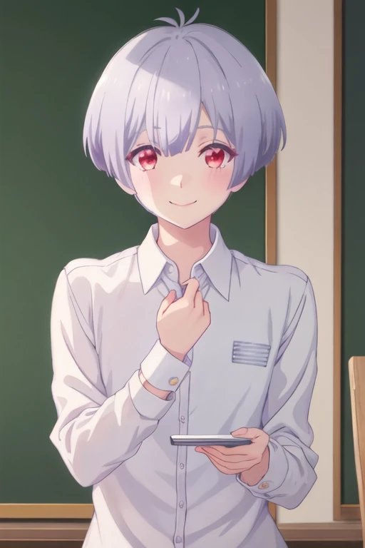 best quality, masterpiece, highres, solo, {ilyukhina_irina_renaiflops:1.15}, short_hair, red_eyes, 1boy, shirt, white_shirt, blue_hair, looking_at_viewer, male_focus, chalkboard, collared_shirt, smile