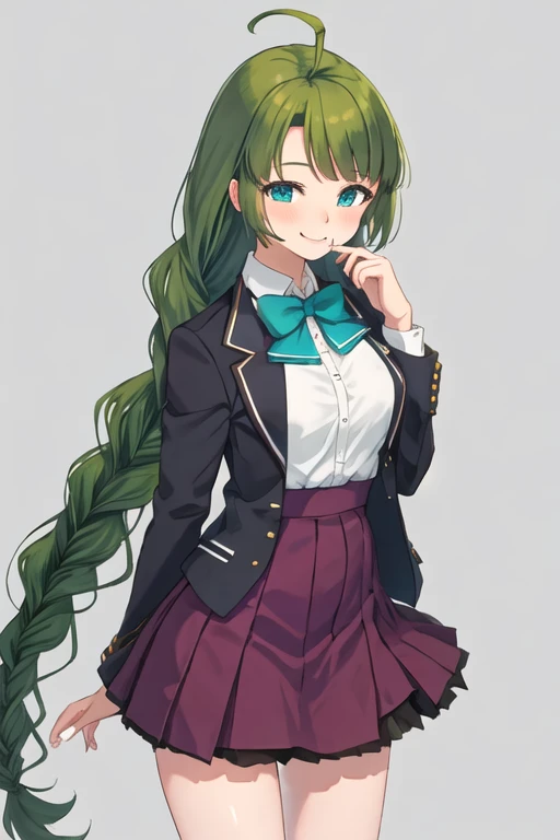 best quality, masterpiece, highres, solo, {yuugumo_kantaicollection:1.15}, green_hair, long_hair, mole, mole_under_mouth, blue_eyes, ahoge, braid, single_braid, very_long_hair, blush, smile, bow, bowtie, breasts, 1girl, aqua_bow, blazer, jacket, looking_at_viewer, school_uniform, aqua_bowtie, dress, halterneck, long_sleeves, purple_dress, upper_body, simple_background