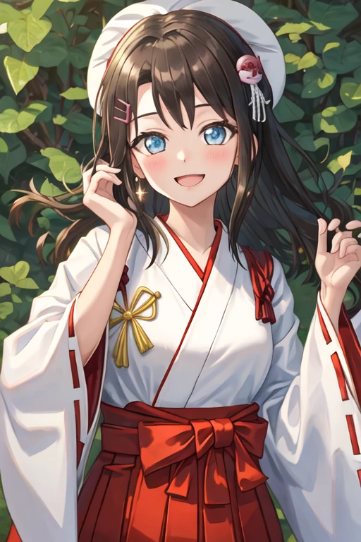 best quality, masterpiece, highres, solo, {white kimono:1.35}, {red hakama:1.35}, {wide sleeves:1.20}, {okusawa_misaki_bangdream:1.15}, bangs, black_hair, hair_ornament, blue_eyes, hairclip, blush, smile, medium_hair, open_mouth, long_hair