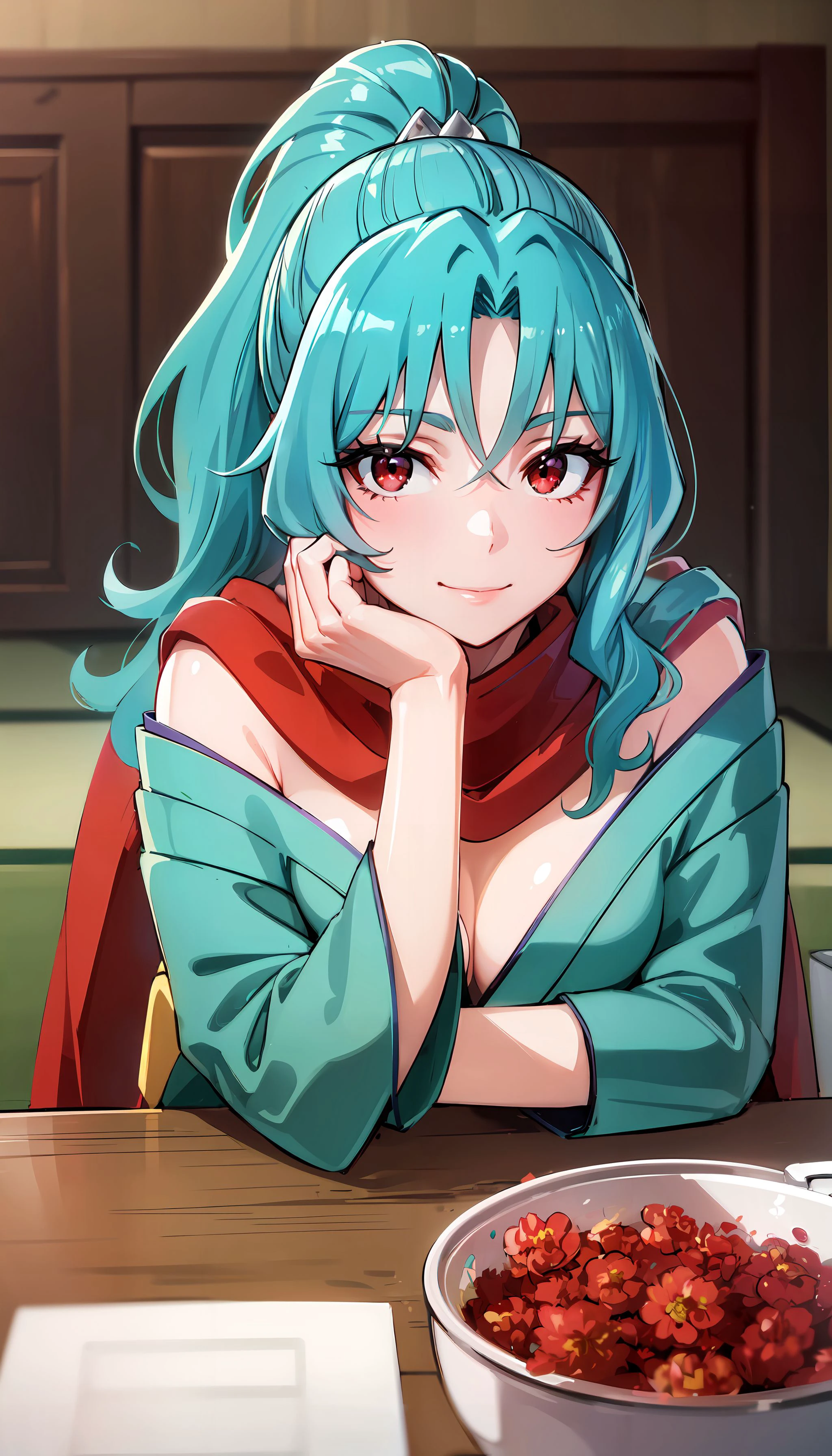 realistic, (4K), written boundary depth, (masterpiece), (realistic skin texture), very detailed, Complex, very detailed, High resolution, professional photography, Bokeh, sharp details, highest quality, woman, full nudeの, full nude, long hair, aqua hair, ponytail, red eyes, red scarf, headrest , Japanese house interior,