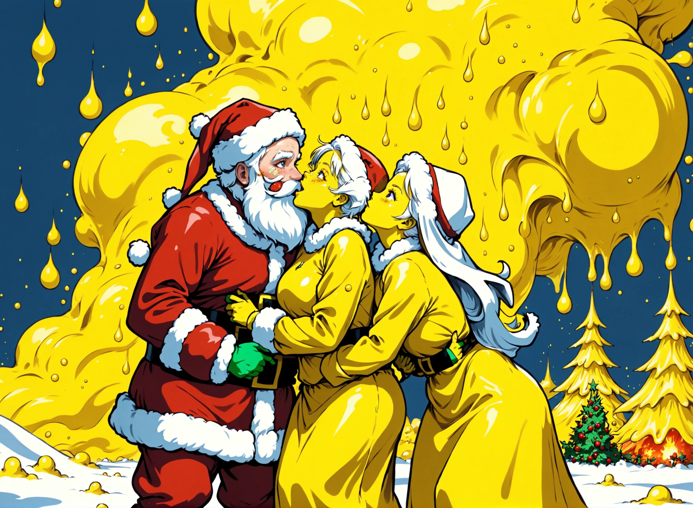 yellow theme, santa claus kissing mrs clause while covered in yellow slime standing under the mistletoe during a nuclear explosion, yellow flames